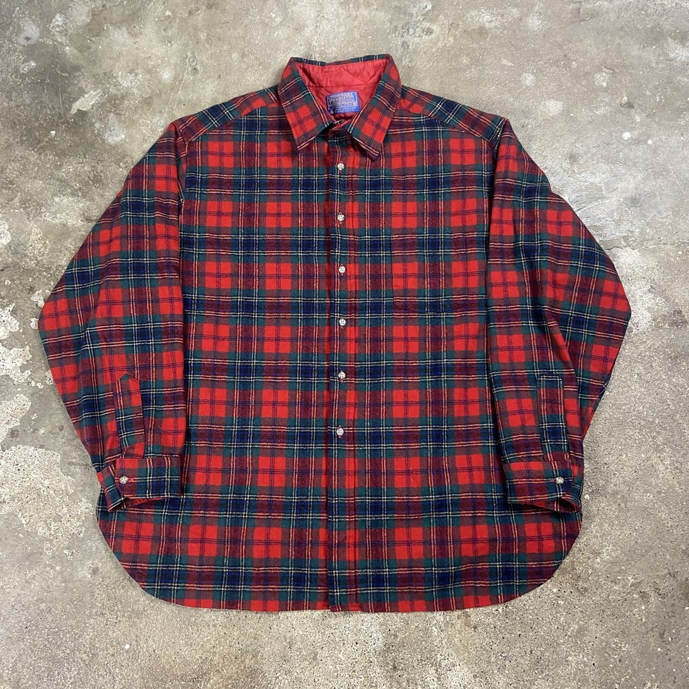 Vintage 70s Pendleton Button Down Shirt Size 2XL Red Green Flannel Pure Wool